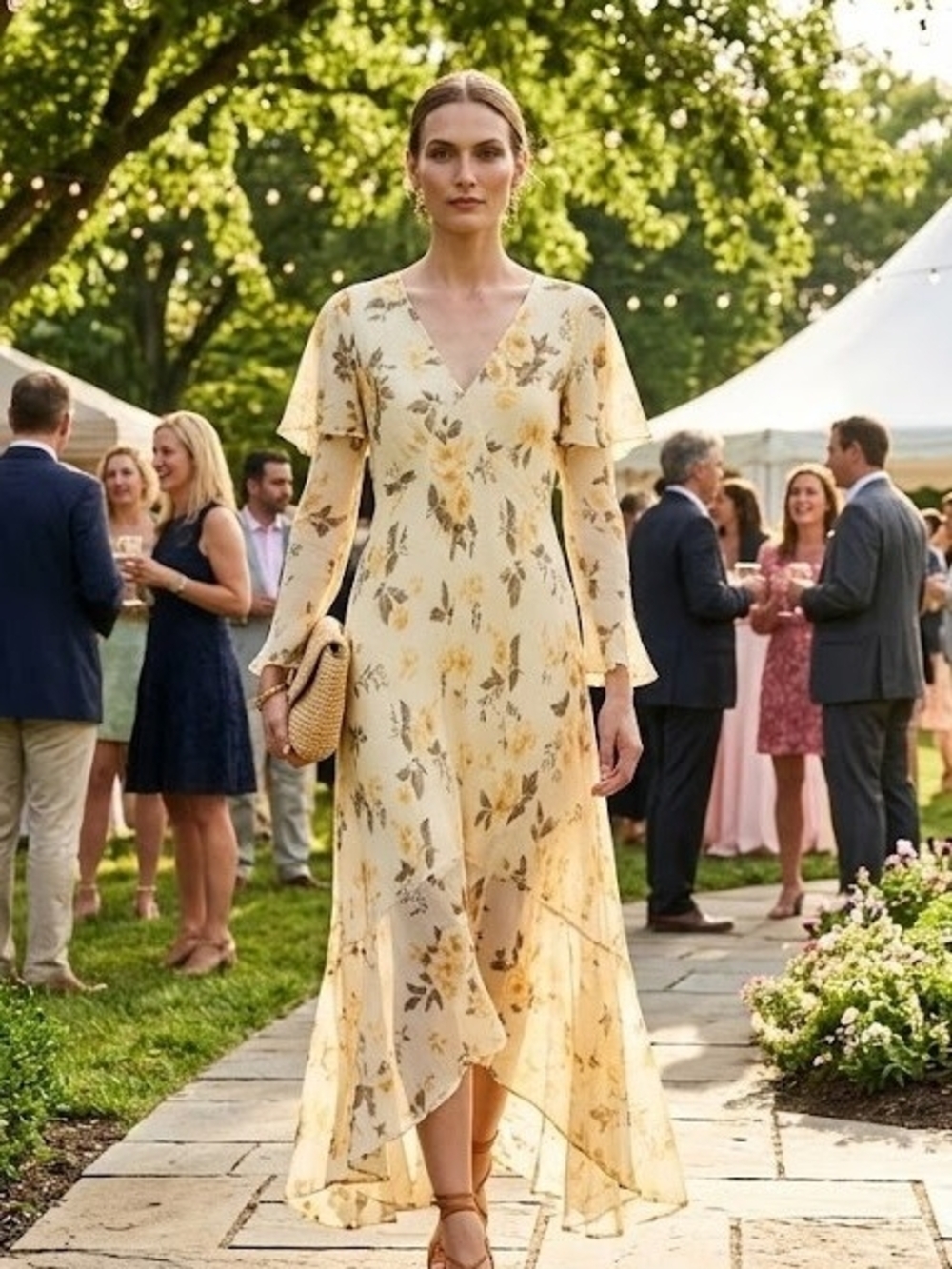 Abercrombie & Fitch Pale Yellow Floral V-Neck Maxi Dress